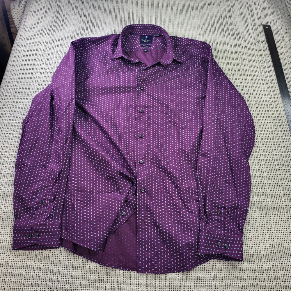 Ben Sherman Button Down Mens L Burgundy Geometric Floral Tailored Stretch Shirt